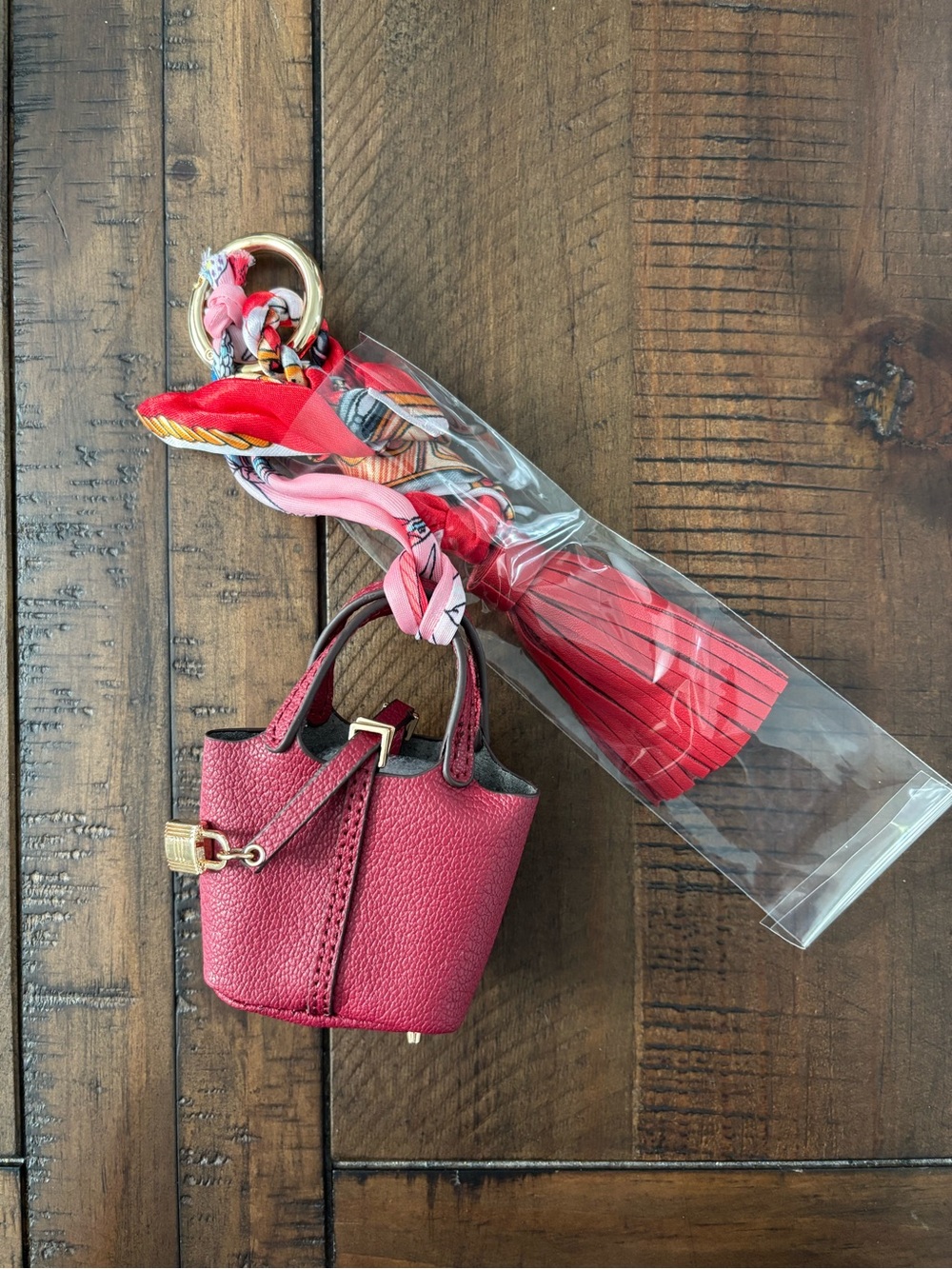 Mini Handbag Keychain Charm with Twilly Scarf & Tassel – Red